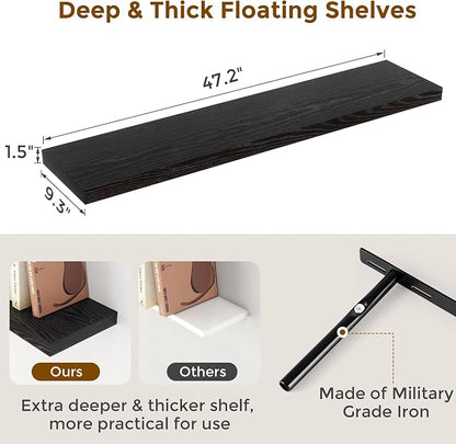Fun Memories Black Floating Shelves 48 Inch Long, Wood Wall Shelves 48x9.3x1.5 - Image 3