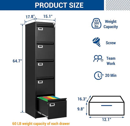 File Cabinets - 5 Drawers Vertical 17.8" Deep Lockable Filing Cabinet - Black & - Image 3