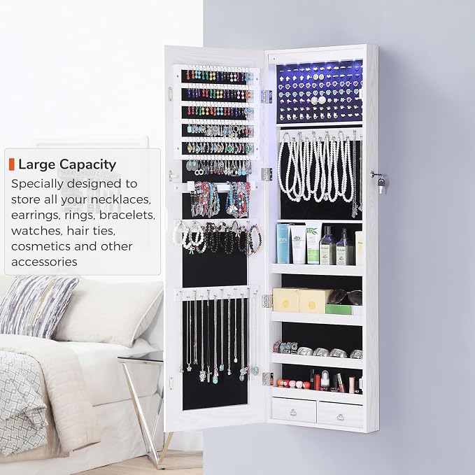 GISSAR Full Length Mirror Jewelry Cabinet, 6 LEDs Jewelry Armoire Wall Mounted - Image 3