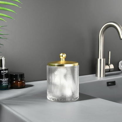 Clear Transparent Apothecary Ribbed Geometric Etched Glass Jar W/Gold Lid Cover - Image 8