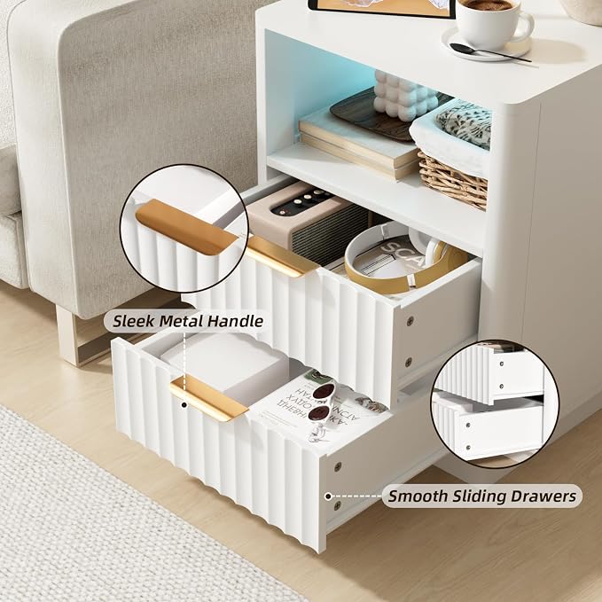 VOWNER Fluted Nightstand with Charging Station, 18” RGB Night Stand with 2 - Image 6