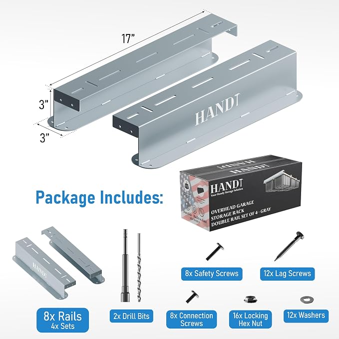 HANDT Overhead Garage Storage Rack, Connectable Heavy Duty Metal Ceiling Rails - Image 4