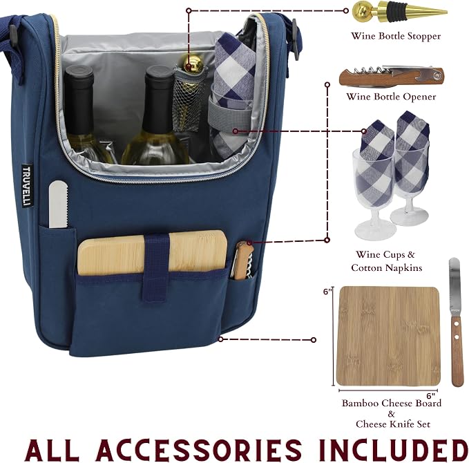 Truvelli Plush Picnic Premium Wine Bag, 7-in-1 Insulated 2 Bottle Wine Carrier - Image 4