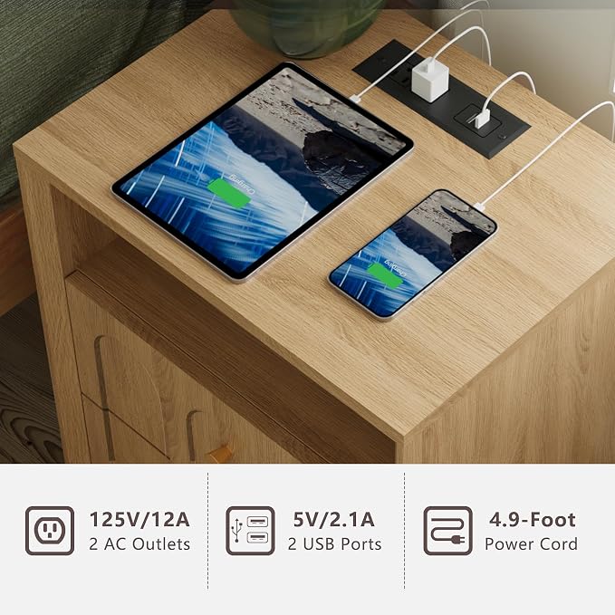 Nightstand Set of 2 with Charging Station, Mid Century Modern Nightstand with - Image 4