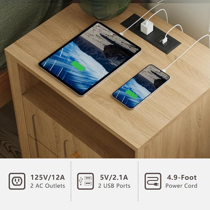 Nightstand Set of 2 with Charging Station, Mid Century Modern Nightstand with - Image 4