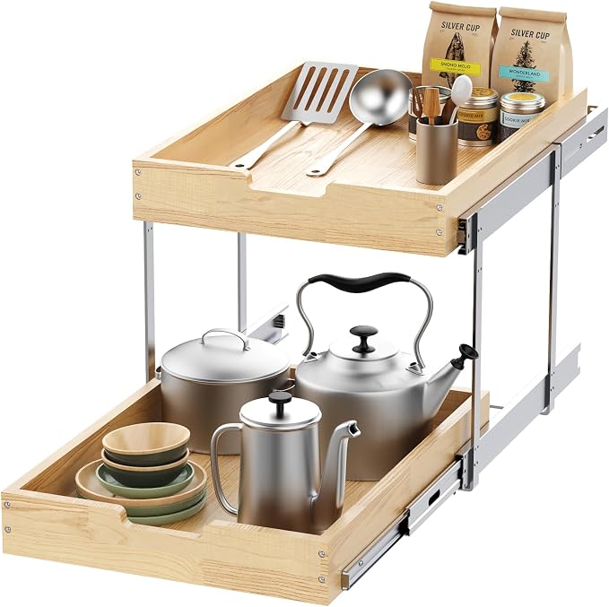 Wood Pull Out Cabinet Organizer 2 Tie 14" W x 21" D, Heavy-Duty Sliding Drawers by SikarouStorageSpecialist