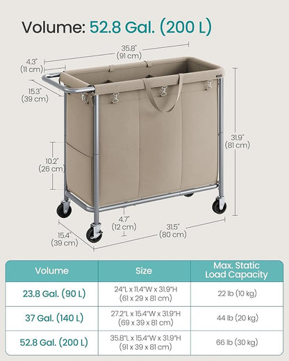 SONGMICS Laundry Basket with Wheels, 3-Section Rolling Laundry Hamper, 52.8 - Image 7