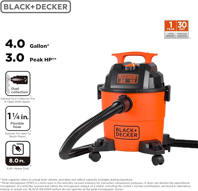 BLACK+DECKER Shop Vacuum Wet and Dry, 4 Gallon 3-in-1 Portable Shop Vac - Image 2