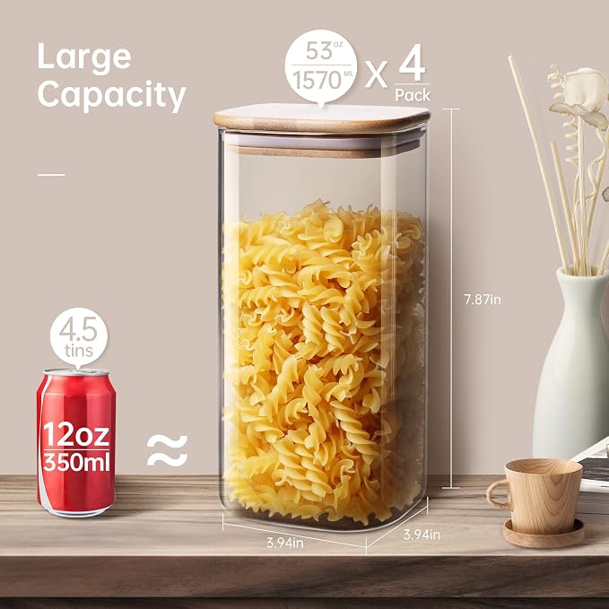 Square Glass Jars with Bamboo Lids 53 FL OZ, Glass Canisters with Airtight Lid - Image 8