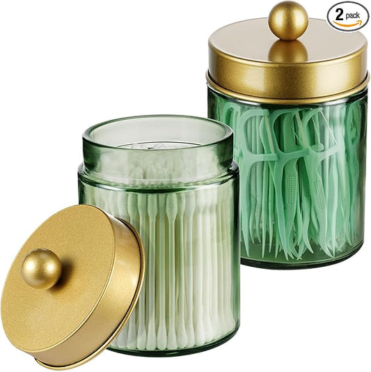 Amolliar Sage Green Qtip Holder, Glass Apothecary Jar Metal Lid & Stickers by Amolliar