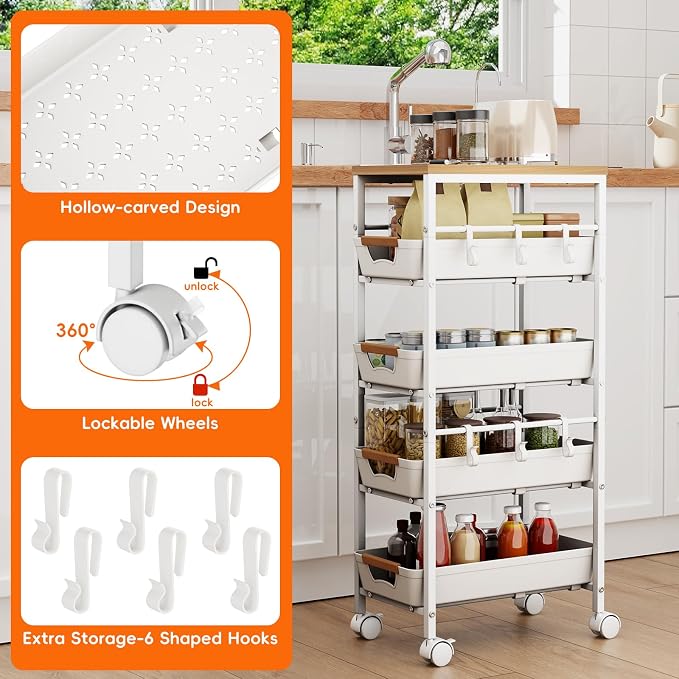 5-Tier Kitchen Storage Cart, Wood Top Rolling Cart Organizer - Image 6