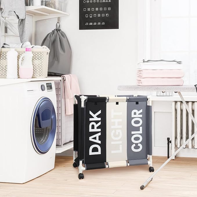 Laundry Basket 3 Section Freestanding Laundry Hamper Dirty Clothes Basket Sorter - Image 3