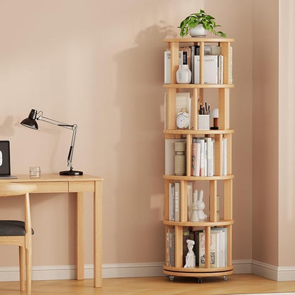 Solid Wood Rotating Bookshelf on Wheels, 5 Tier, Round Revolving Bookcase - Image 9