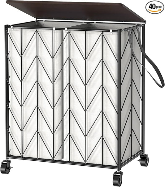 WOWLIVE Laundry Basket with Wheels, Heavy Duty Laundry Hamper with Wood Lid by WOWLIVE