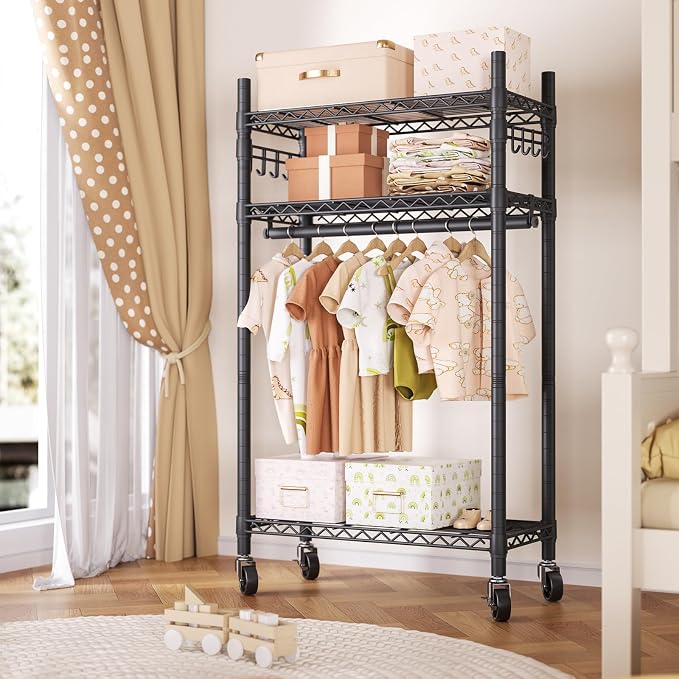 Heavy Duty Clothes Rack Rolling Garment Rack, 3 Tier Adjustable Wire Shelving - Image 8
