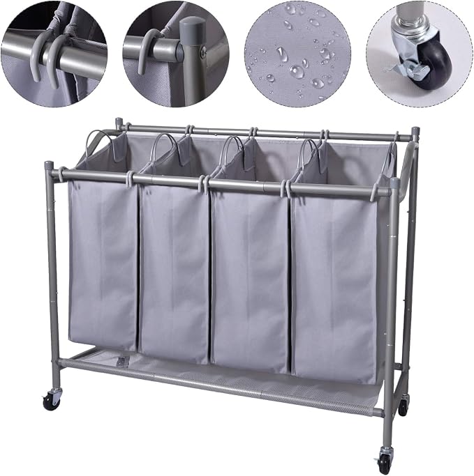 Laundry Sorter Cart 4-Bag Classics Rolling Laundry Hamper, Sturdy Frame - Image 5