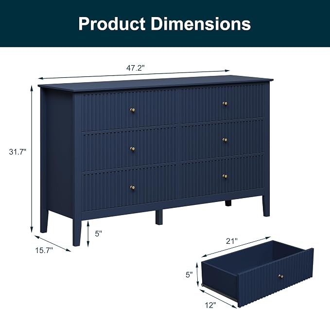 RoyalCraft 6 Drawer Dresser, Fluted Modern Wood Chest of Drawers, Long Dresser - Image 2
