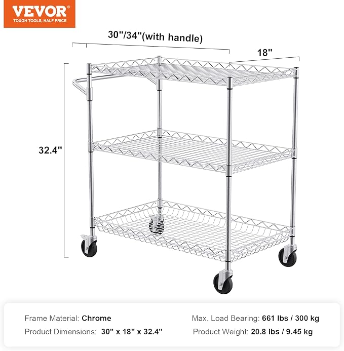 VEVOR Kitchen Utility Cart, 3 Tiers, Wire Rolling Table - Image 7
