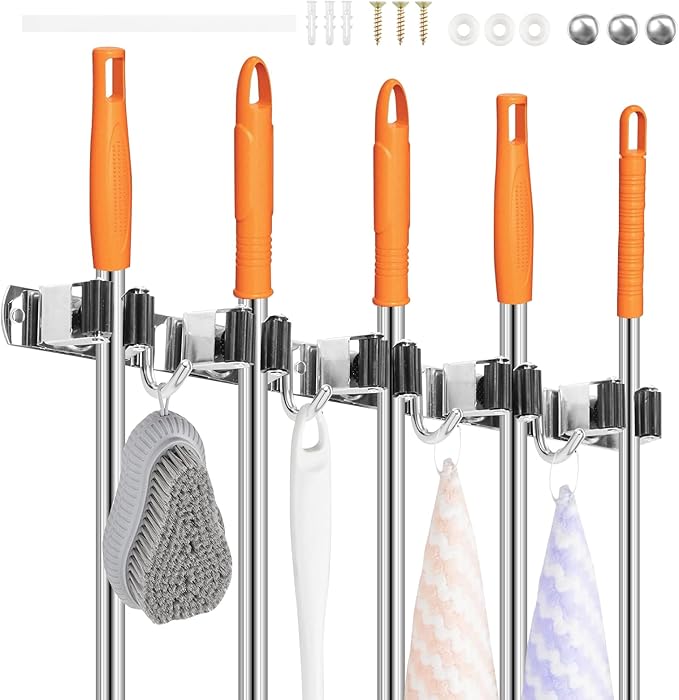 2 Pack Broom Holder Wall Mount 5 Racks 4 Hooks Stainless Steel Broom Mop Holder - Image 9