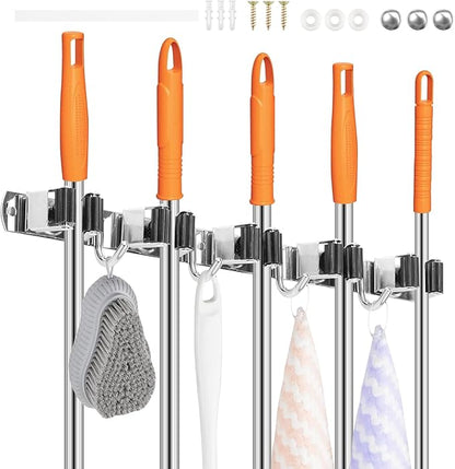2 Pack Broom Holder Wall Mount 5 Racks 4 Hooks Stainless Steel Broom Mop Holder - Image 9
