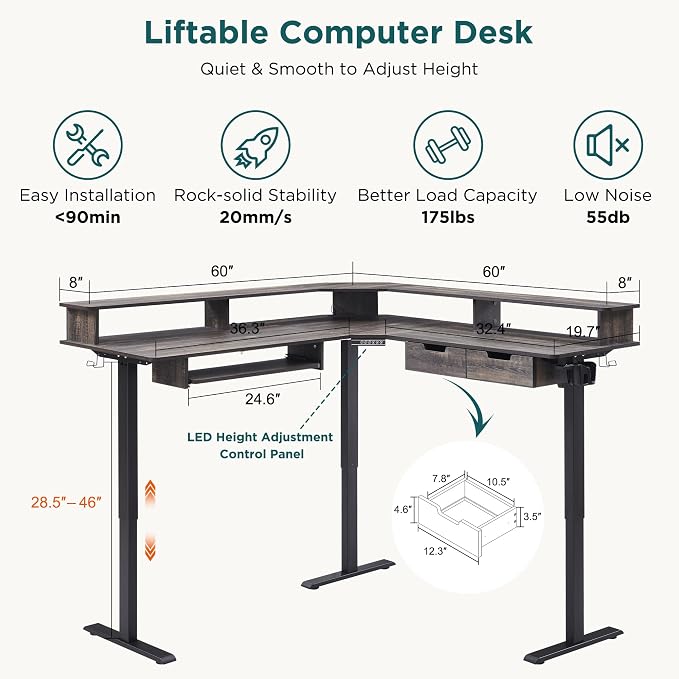 RedLemon 60 Inches L Shaped Electric Standing Desk, Height Adjustable Corner - Image 2