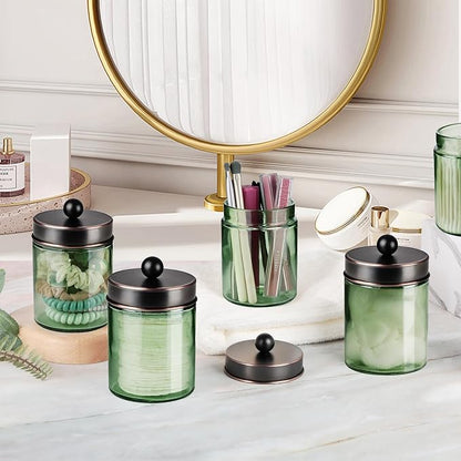 Amolliar Sage Green Qtip Holder, Glass Apothecary Jar Metal Lid & Stickers - Image 5