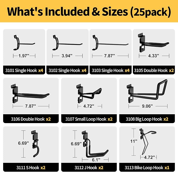 Slatwall Hooks 25 Pack, Heavy-Duty Metal Garage Slat Wall Hook Kit, - Image 2