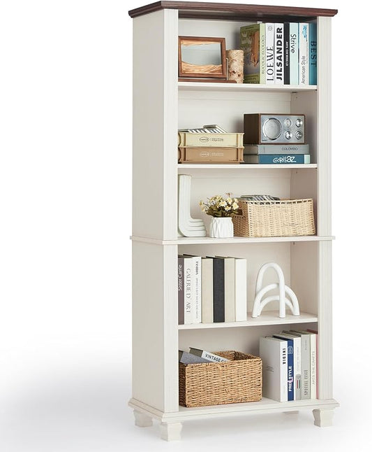 70" Tall White Bookshelf, 5 Tier Wood Book Shelf by SAVORLIFEFurniture