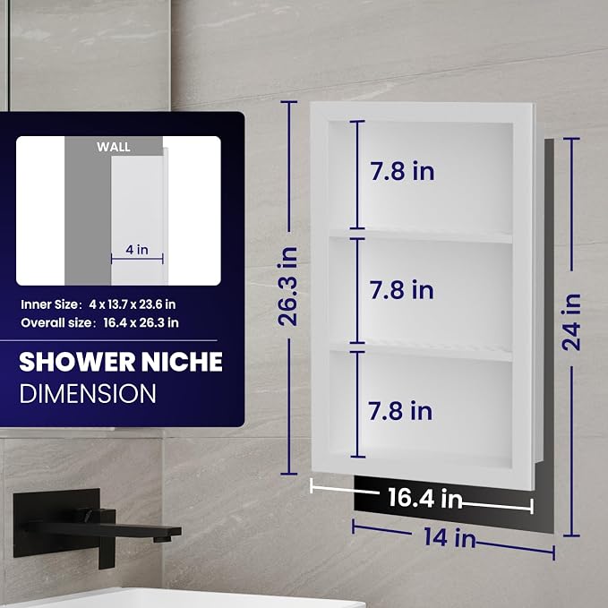 14" x 24" Stainless Steel Shower Niche, 3-Tier Waterproof Shelves, No-Tile - Image 3
