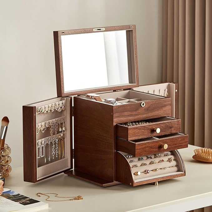 Black Walnut Wooden Jewelry Box, Wood Jewelry Organizer by Homruilink
