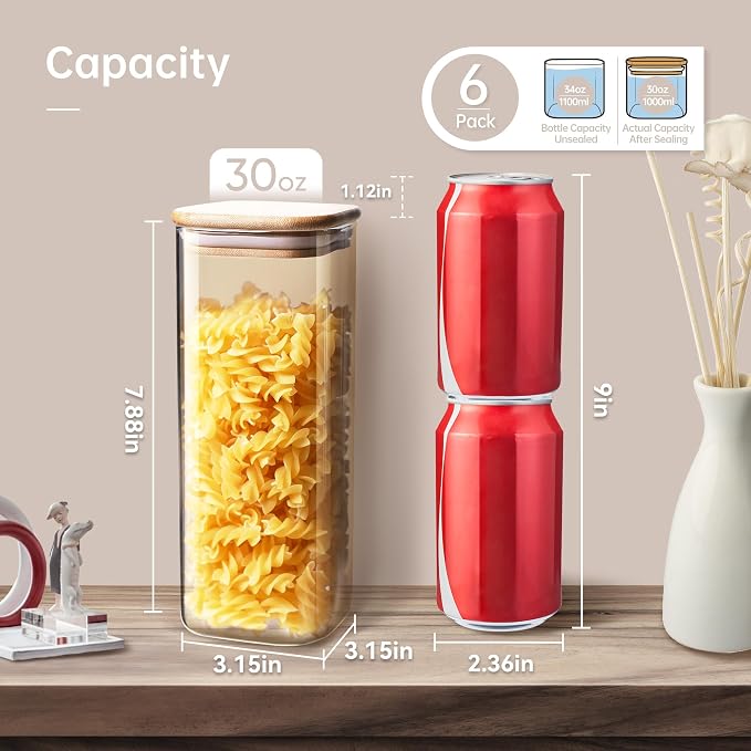 Square Glass Jars with Bamboo Lids 30 FL OZ, Glass Canisters with Airtight Lid - Image 2