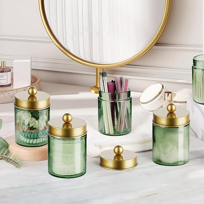 Amolliar Sage Green Qtip Holder, Glass Apothecary Jar Metal Lid & Stickers - Image 5