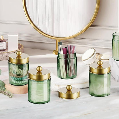 Amolliar Sage Green Qtip Holder, Glass Apothecary Jar Metal Lid & Stickers - Image 5