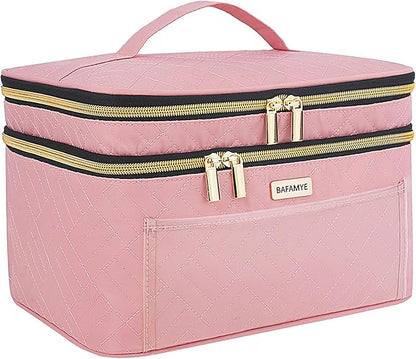 Double Layer Travel Makeup Bag for Women, Large Cosmetic Case Organizer by BAFAMYE