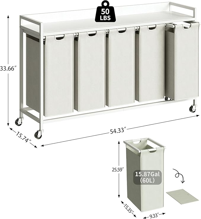 Laundry Hamper with Shelf, Laundry Basket 5 Section, Laundry Sorter with - Image 4