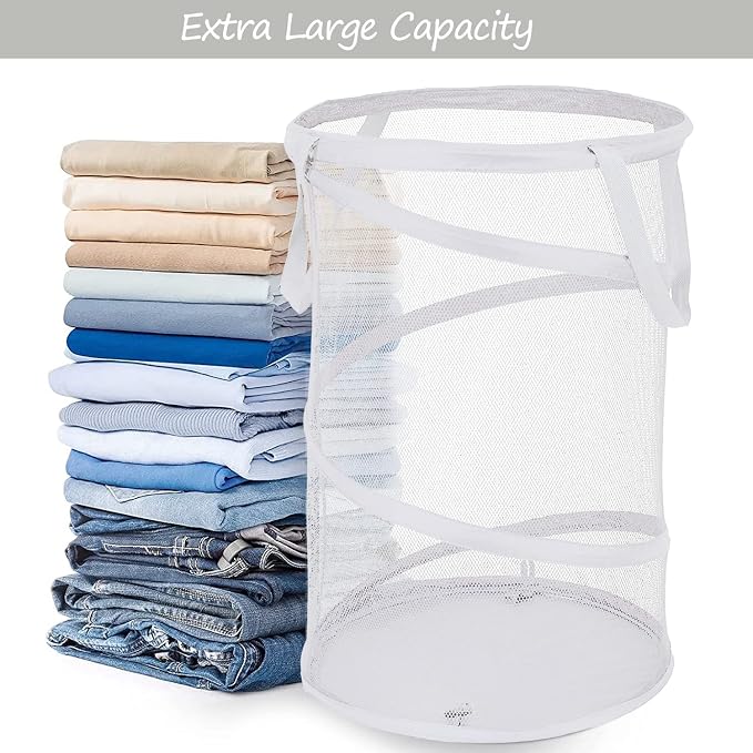BATTOO 2 Pack White Large Collapsible Laundry Basket Foldable Mesh Pop Up Hamper - Image 3