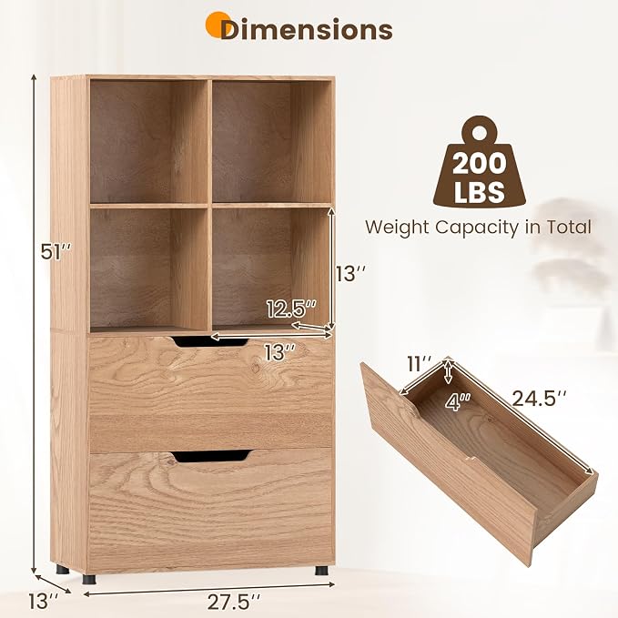 GOFLAME 4-Tier Bookcase with 2 Drawers, 51” Tall Bookshelf with 4-Cube Open - Image 3