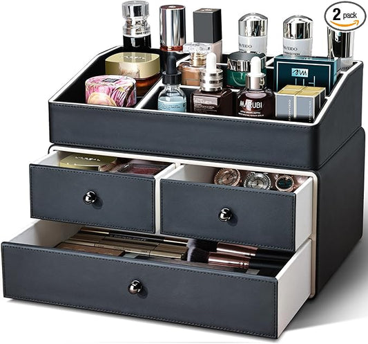 KINGFOM 2 Tier PU Leather Makeup Organizer by KingfomLeatherHomeOfficeDecor