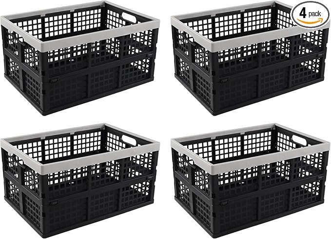 4 Pack 42 L Large Plastic Collapsible Storage Crates, Folding Stackable Storage by Nihenok