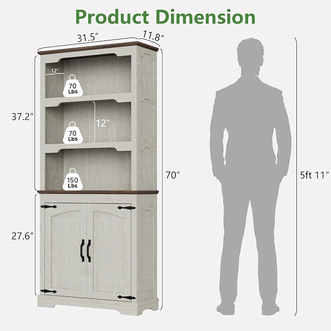 70 Inch Farmhouse Bookcase, Distressed White and Walnut Two-Tone Shelves - Image 2