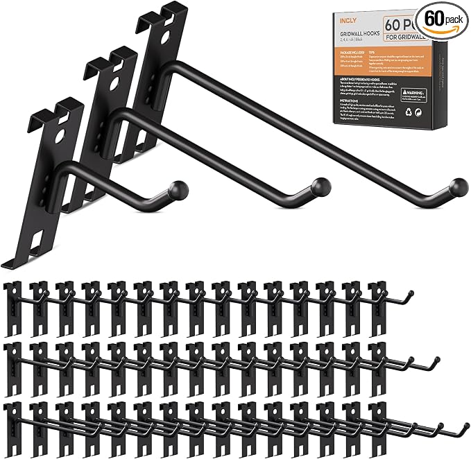 INCLY 2/4/6 Inch Gridwall Hooks, 60 Pack Heavy Duty Black Display Hooks by INCLY