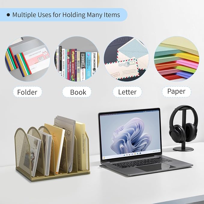 5-Section Vertical Desktop Organizer, 5-Section Mesh File Folder Stand Sorter - Image 6