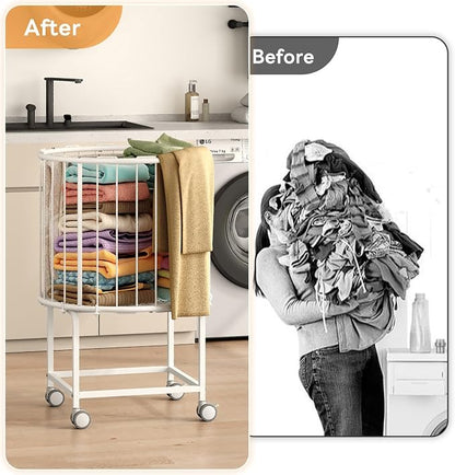29-Gallon Laundry Cart with Wheels, Rolling Round Metal Laundry Basket Cart - Image 6