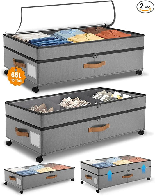 Under Bed Storage with Wheels, 10 inches Under Bed Storage Containers, 65L XXL by MegapuxinOfficial