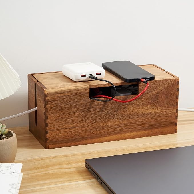 Acacia Wood Cable Management Box, Wooden Cord Hider & Organizer by Unknown