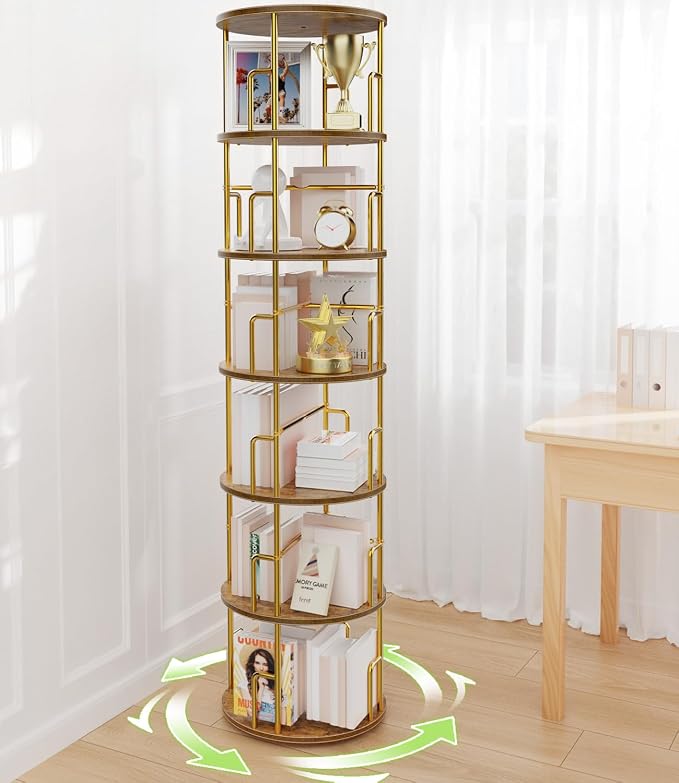 6 Tier Rotating Bookshelf Tower Round, 74” Tall Spinning Bookshelf Tower by Amzeth