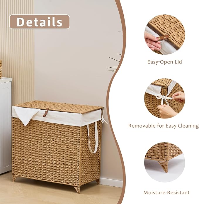 Laundry Hamper with Lid and Removable Liner Bag, Handwoven Rattan Clothes - Image 7