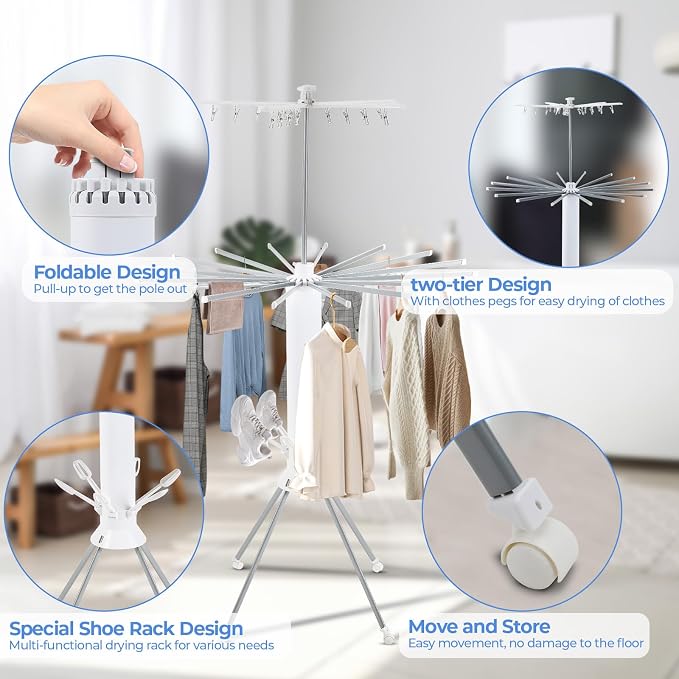 Dollate 3 Tier Portable Clothes Drying Rackwith 4 Pulleys, Indoor and Outdoor - Image 2