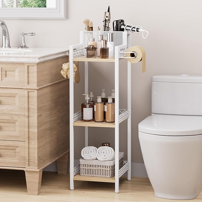 Slim Bathroom Storage Shelf Unit, 3 Tier Corner Storage, Rustic Makeup Organizer - Image 2