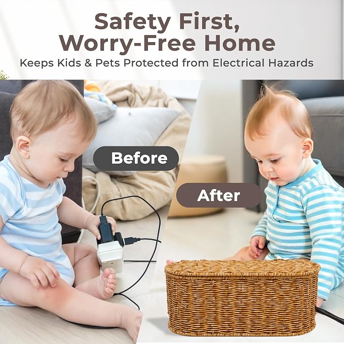Cable Management Box, Handmade Rattan Cable Organizer, 2 Open Slots Cords Hider - Image 6